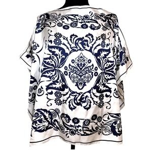 Boho Western Fairy 100% Silk Floral Bandana L / XL Poncho Navy Blue